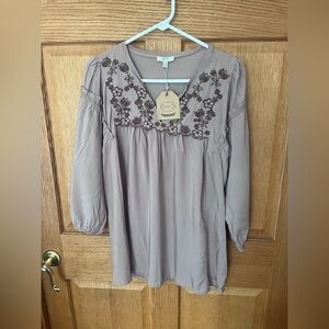 Kori Floral Embroidered V-Neck Tunic - Taupe